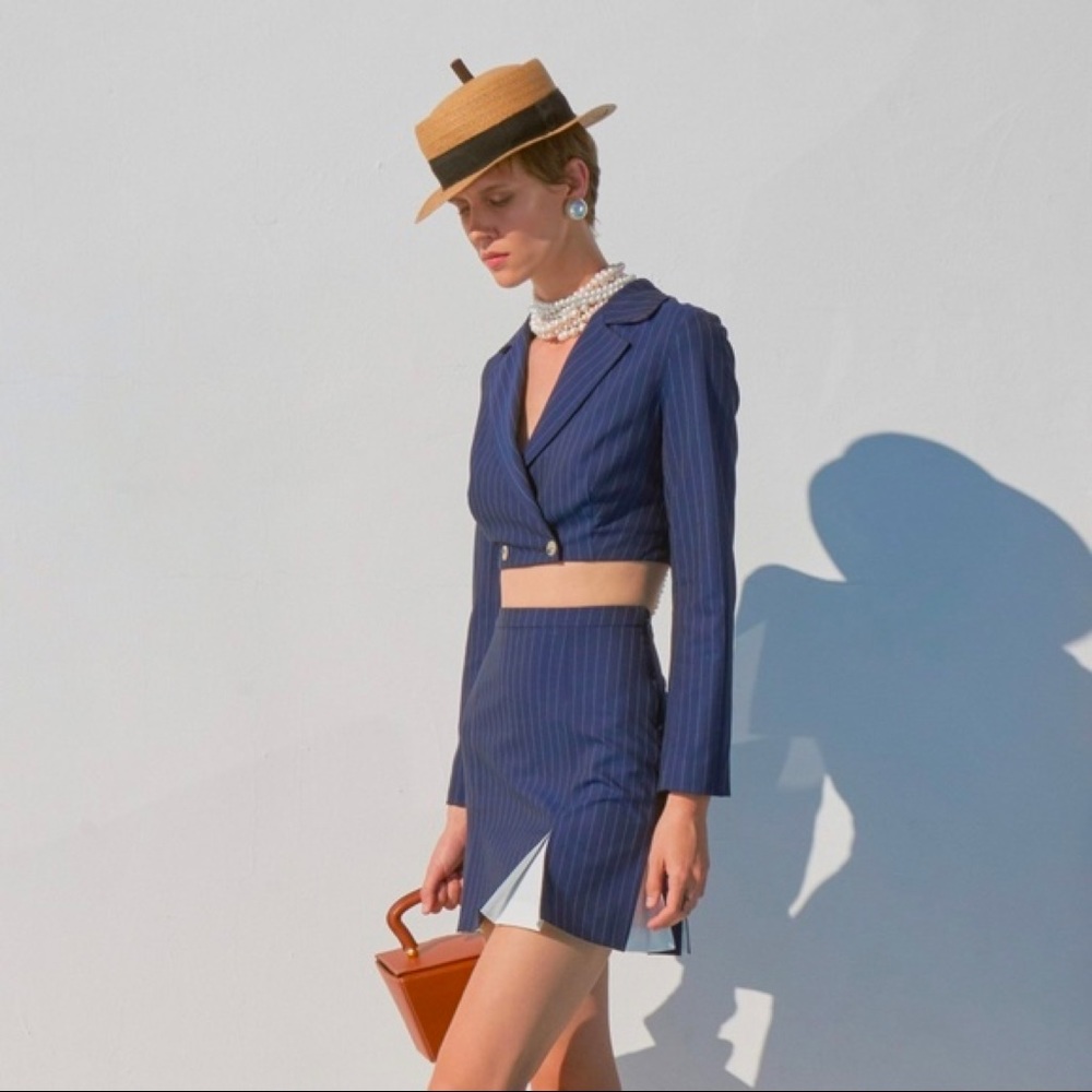 Staud Navy Blue Cropped Pinstriped Blazer & Pinstripe Liv Pleated Skirt Set